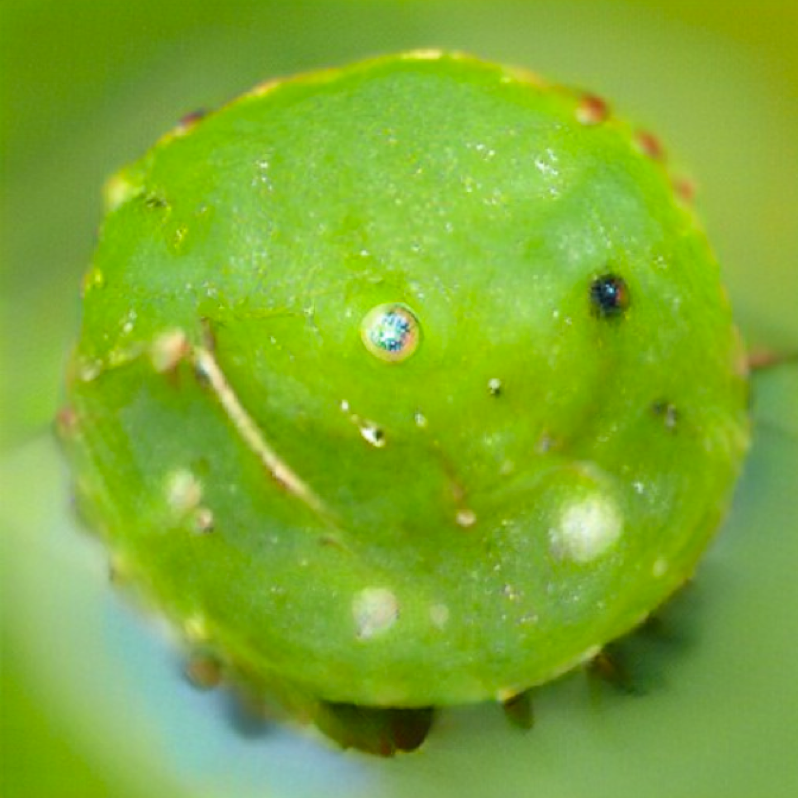 AI-generated close-up image of an unidentifiable green fruit or legume on a green background.