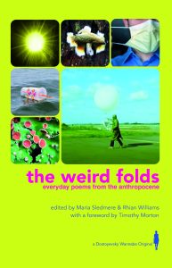 Cover for the weird folds: everyday poems from the anthropocene. a lurid green background with a selection of images: a facemask; a star or light; an empty plastic cup floating in the ocean; a mushroom; algae or similar; an individual in an expansive space looking at an uncanny spherical object in a lightly-clouded blue sky.
